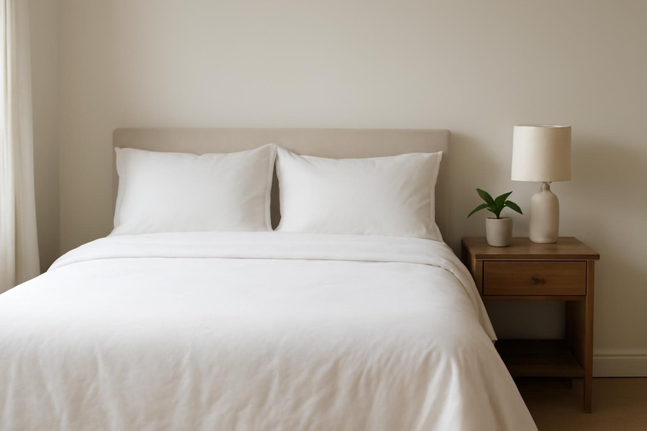 Neatly made bed with a small nightstand and plant