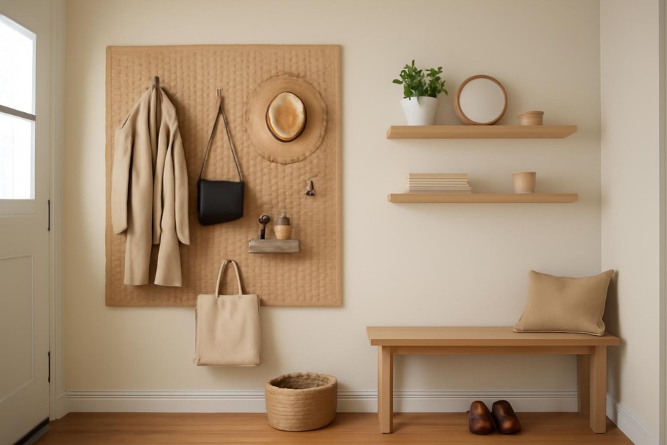 Small entryway with a pegboard on one side and floating shelves on the other