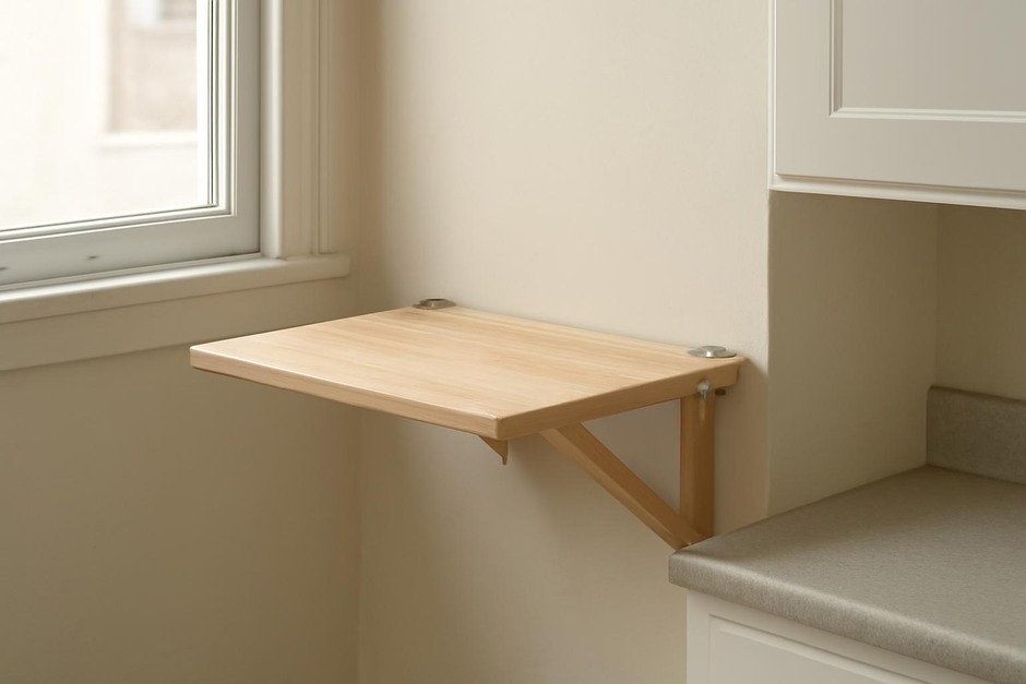 Fold-down wooden shelf mounted on a small kitchen wall next to a window