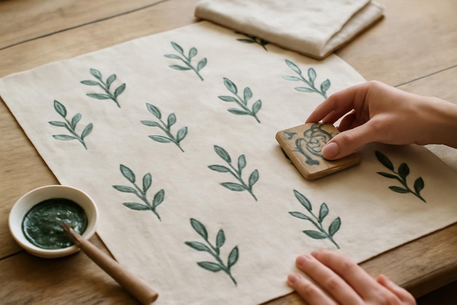 Hand-stamped tea towel with repeating botanical motif