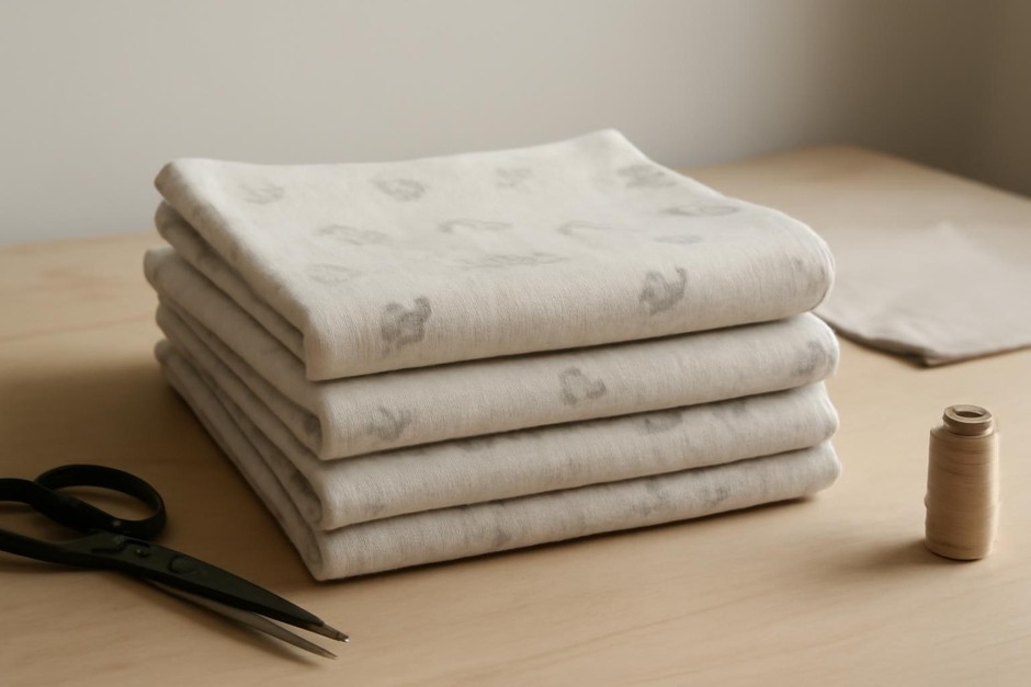 Stack of folded linen drawer liners with a subtle printed motif